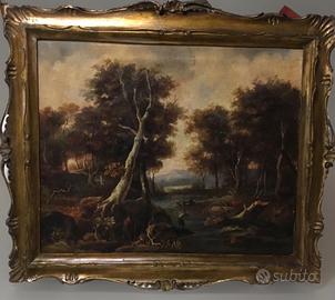 Antico dipinto olio su tela “ Paesaggio fluviale”