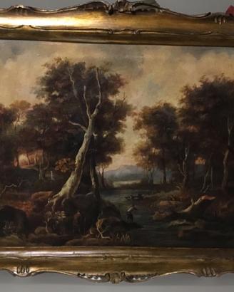 Antico dipinto olio su tela “ Paesaggio fluviale”