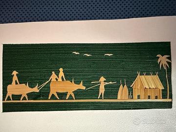 Opera d'arte intarsiata in paglia e fibre vegetali