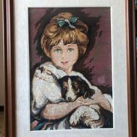 Quadro a mezzopunto "Bambina con cane"