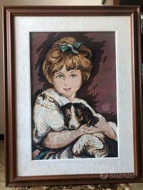 Quadro a mezzopunto "Bambina con cane"