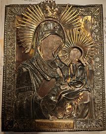 Antica icona russa XIX secolo in argento e legno