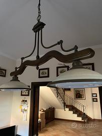 Lampadario legno e ottone