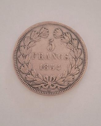 Moneta 5 Franchi Francesi 1834