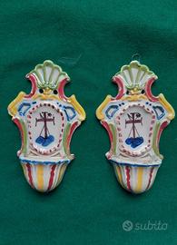 Acquasantiere ceramica coppia antiche dipinte mano