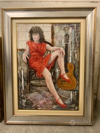 QUADRO VINTAGE RAFFIGURANTE DONNA CON CHITARRA
