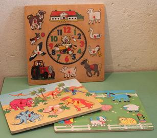 Lotto 3 giochi Legno orologio e Puzzle Forma Anima