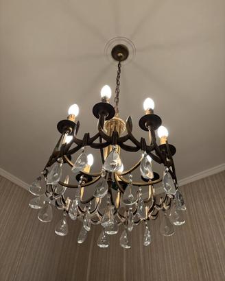 Lampadario a otto luci in ottone e vetro