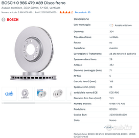 BOSCH 0 986 479 A89 Disco freno Assale anteriore.