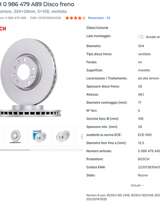 BOSCH 0 986 479 A89 Disco freno Assale anteriore.