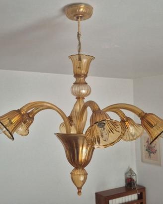 Lampadario in vetro di Murano ambra a 6 luci