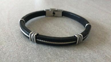 Bracciale uomo in pelle nera e acciaio