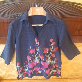CAMICETTA NARA CAMICIE BLU CON FIORI RICAMATI TG M