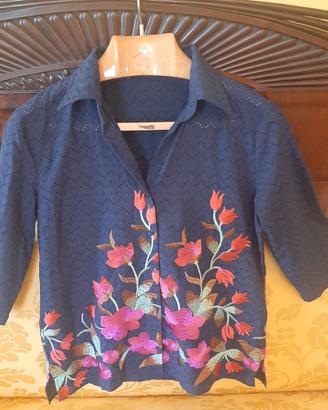CAMICETTA NARA CAMICIE BLU CON FIORI RICAMATI TG M