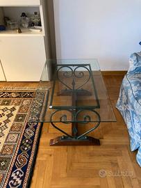 Tavolo legno, ferro battuto, ripiano di vetro