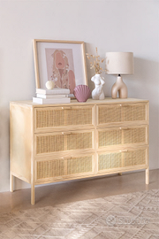 Comò a 6 cassetti 120x40 cm in rattan e legno natu