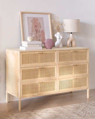 Comò a 6 cassetti 120x40 cm in rattan e legno natu