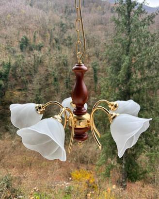 Lampadario in legno di Noce e Ottone con portalumi