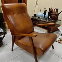 Poltrona pelle e legno massello Vintage Anni 60/70