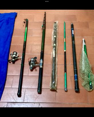 Canne da pesca mulinello vecchie retino pesci lago