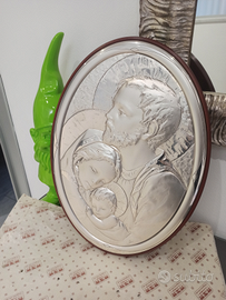 Pannello religioso argento e legno Sacra Famiglia