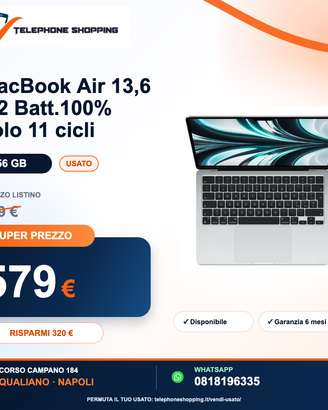 MacBook Air 13,6 M2 Batt.100% solo 11 cicli 256 GB