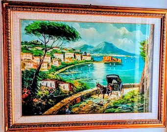 Quadro con Golfo di Napoli dipinto a olio su tela.