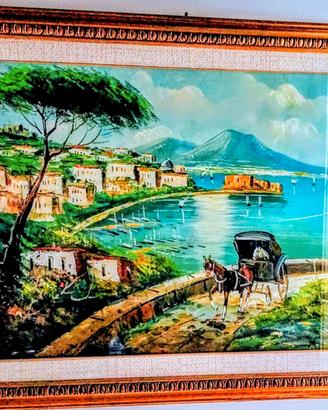 Quadro con Golfo di Napoli dipinto a olio su tela.