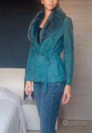 Giacca vintage in pelle con collo in pelliccia