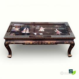 TAVOLINO CINESE LACCATO CON RILIEVI IN PIETRE DURE