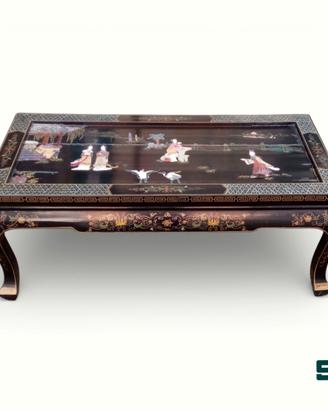 TAVOLINO CINESE LACCATO CON RILIEVI IN PIETRE DURE