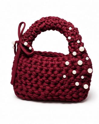 Borsa uncinetto fettuccia bordeaux con perle