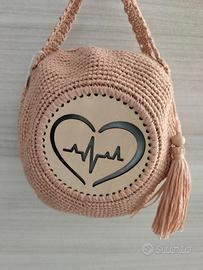 borsa in fettuccia, pochette color cipria