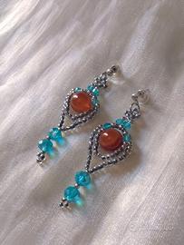 Orecchini Corniola Rosa stile Vintage Blu Cristal 