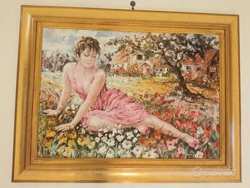 Quadro Donna in abito rosa nel prato – Anna Secchi