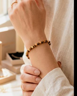 Bracciale Unisex in Occhio di Tigre e Cubi Dorati 