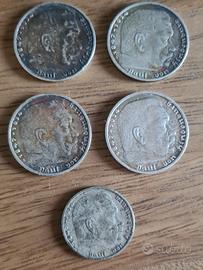Lotto 5  monete argento Germania Hindemburg 36/37