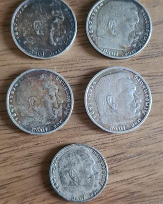 Lotto 5  monete argento Germania Hindemburg 36/37