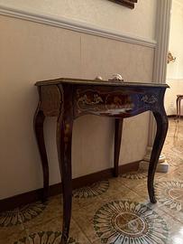 Console tavolino antico in legno intarsiato