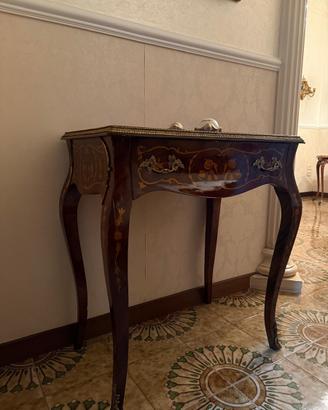 Console tavolino antico in legno intarsiato