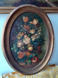 Dipinto Vintage Olio su Tela Composizione di Fiori