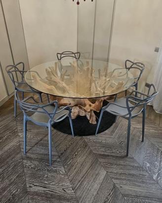 Tavolo pranzo con radice indonesiana e cristallo