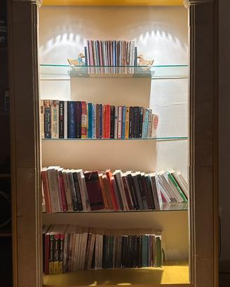 Libreria design marmo con luci LED e ripiani vetro