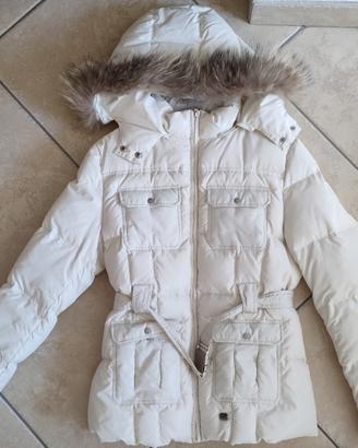 Piumino bianco donna con cappuccio e cintura