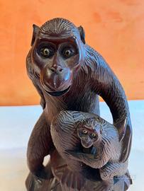 Scultura legno vintage scimmie