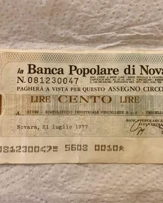 Miniassegno 100 Lire Banca Popolare di Novara