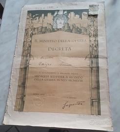 ATTESTATO MINISTRO DELLA GUERRA MEDAGLIA 1922