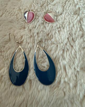 Orecchini acciaio pietre rosa e un paio smalto blu