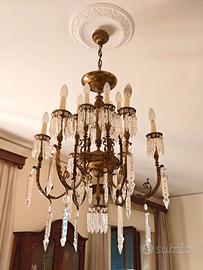 Coppia di Lampadari Vintage in Ottone e Cristalli