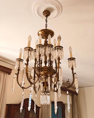 Coppia di Lampadari Vintage in Ottone e Cristalli
